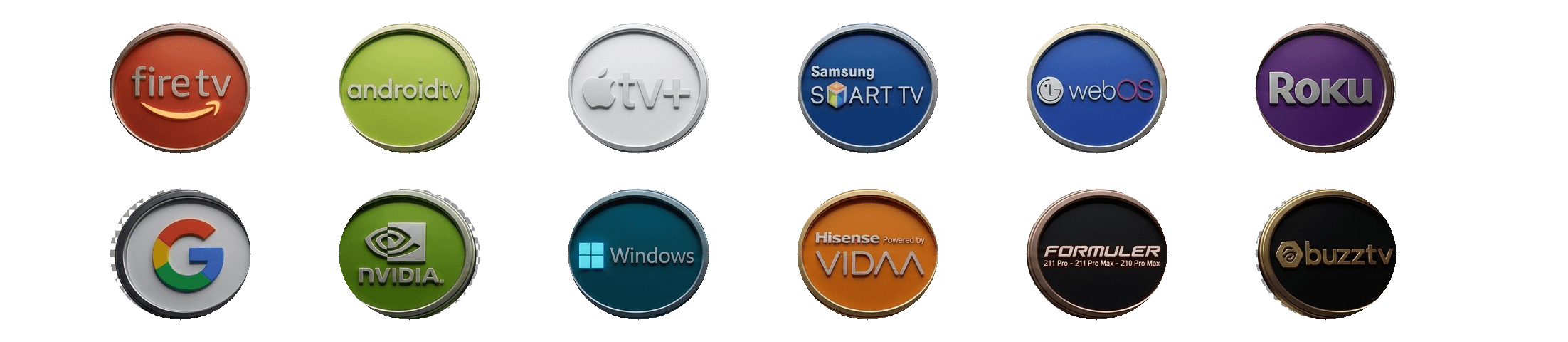 Compatibil cu Fire TV, Android TV, Apple TV, Samsung Smart TV, LG webOS, Roku, Google, NVIDIA, Windows, Hisense VIDAA, Formuler și BuzzTV